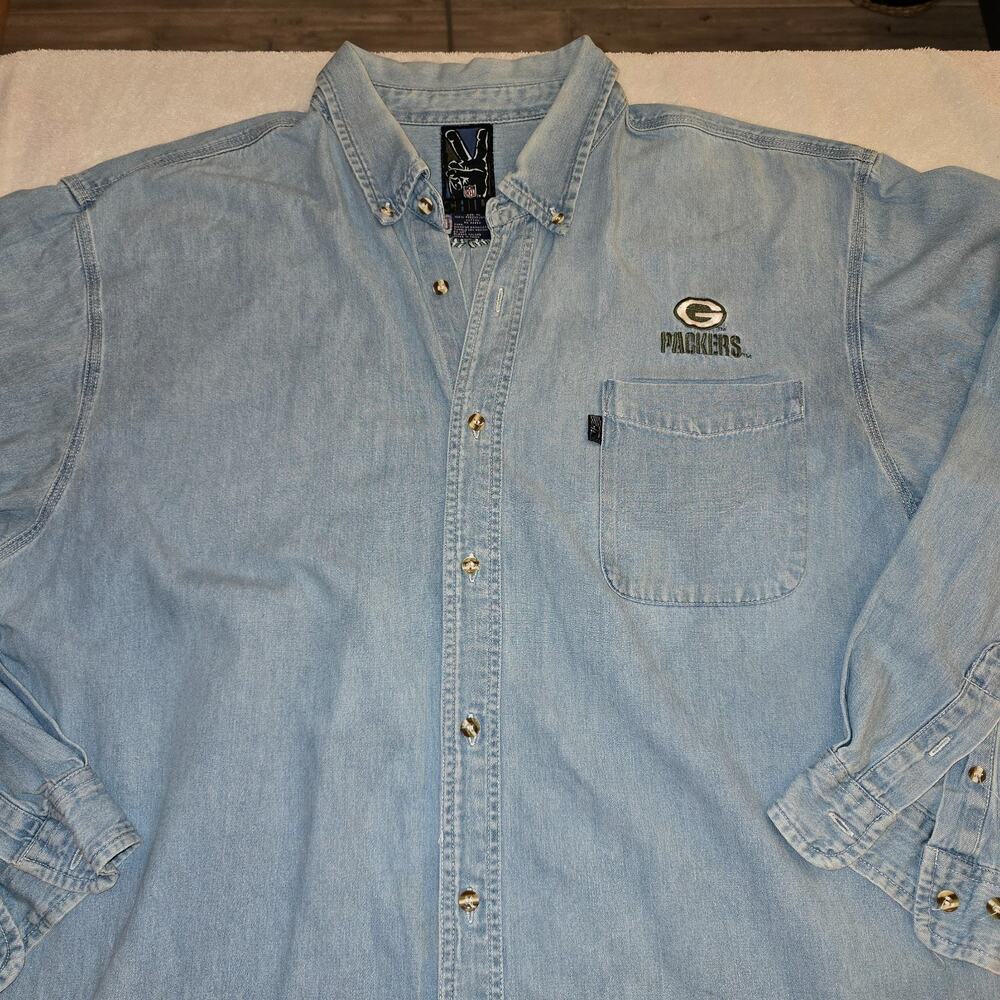 Vintage Chill Out Label Green Bay Packers LS Chambray Button Down Men's Size XL